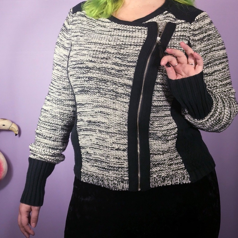 Zip Front Black/White Tweedy Knit Rib Trim Sweater